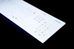 Cleankeys® Keyboard with glass touch surface and black background